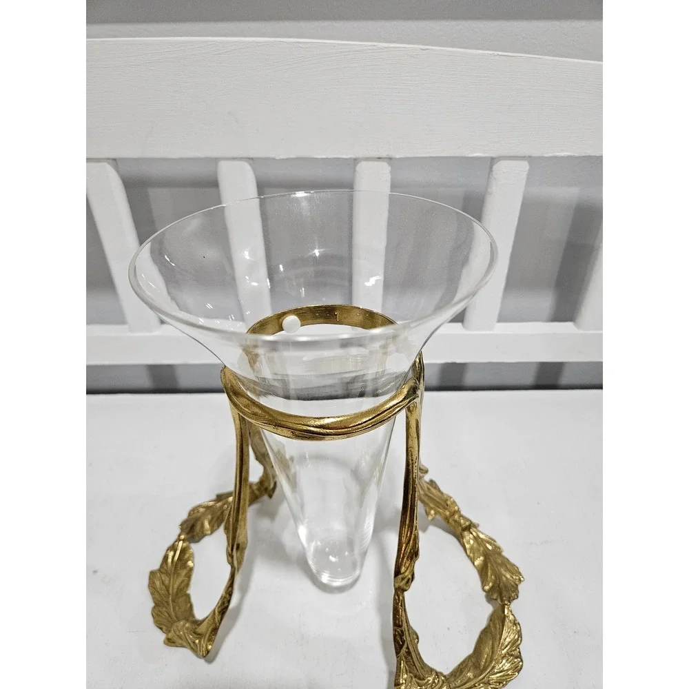 Vtg Bombay Co. Floating Glass Vase w/Ornate Gold Leaf Metal Stand 11